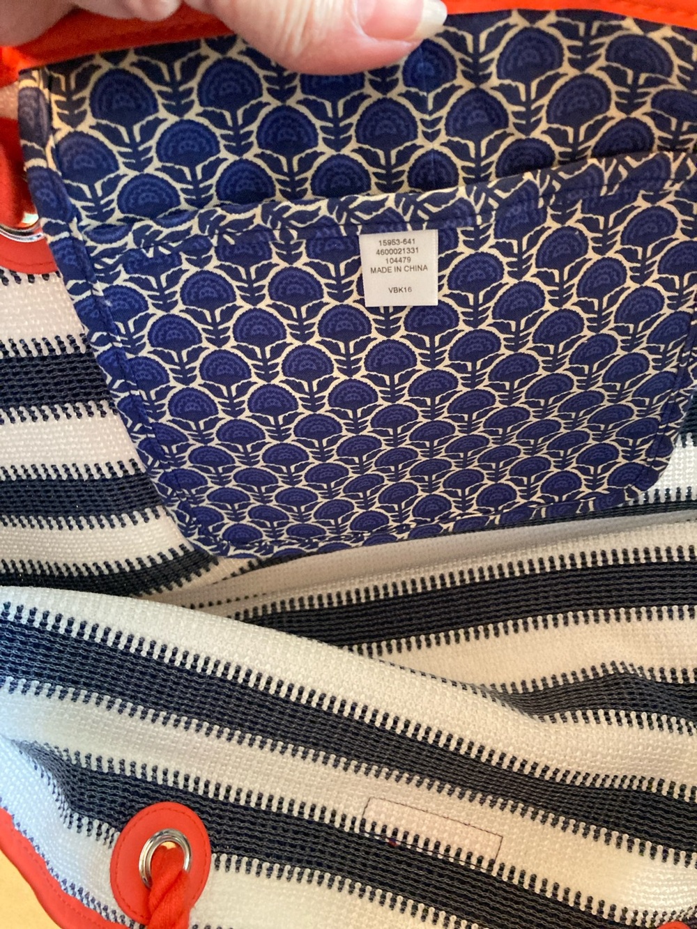 Vera Bradley Navy and White Striped Tote with Orange Trim and Tassel - Picture 4 of 11